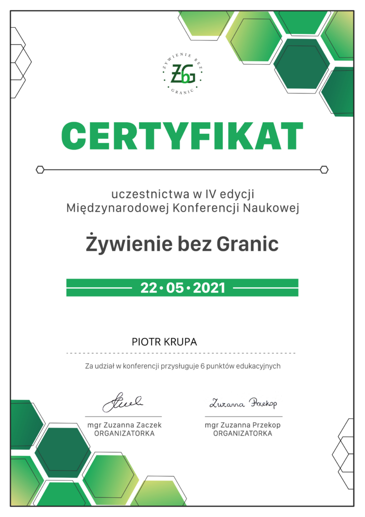 Certificate of Piotr Krupa, 4th International Scientific Conference Nutrition Without Borders, 2021