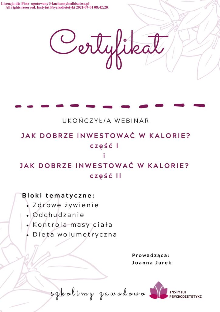 Certificate of Piotr Krupa, webinar How to Invest in Calories parts 1 and 2, Institute of Psychodietetics, 2021