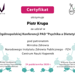 Certificate of Piotr Krupa, 4th National PAD Mind and Dietetics Conference, Medical University of Lodz, 24 October 2020
