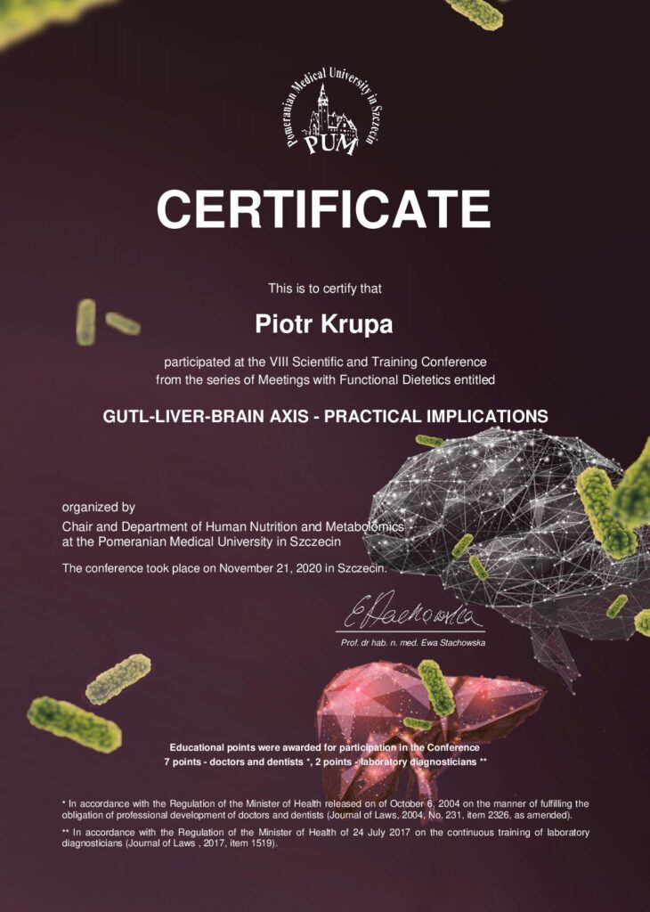 English certificate of Piotr Krupa, 8th Scientific and Training Conference Gut-Liver-Brain Axis Practical Implications, Pomeranian Medical University in Szczecin, 2020