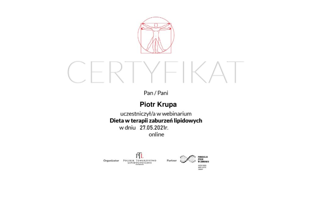 Certificate of Piotr Krupa, webinar Diet in the Therapy of Lipid Disorders, Polish Lipid Association, 2021